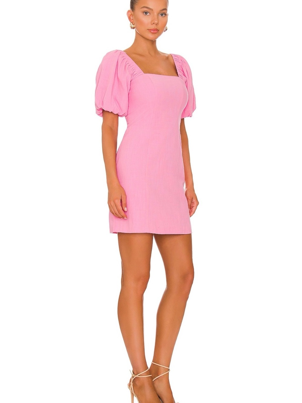 NWT SDNY Revolve Tuscany Linen Square-Neck Mini Dress with Puff Sleeves in Pink